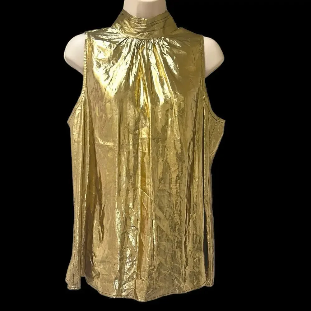 Vintage 1990s Lloyd Williams Liquid Gold Lamé Metallic Victorian Blouse Size L - Picture 2 of 12